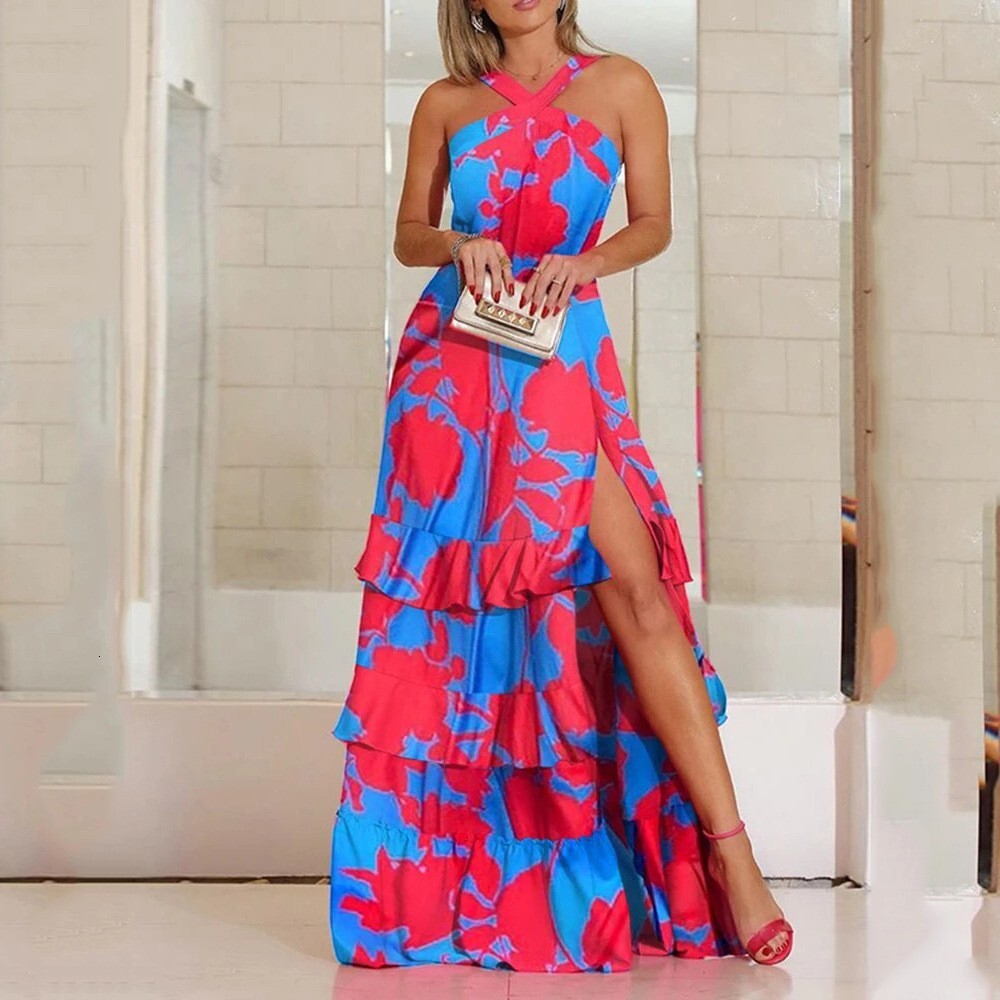 2025 Summer New Strap Dress Bohemian Dress Printed V-neck Sleeveless Dress