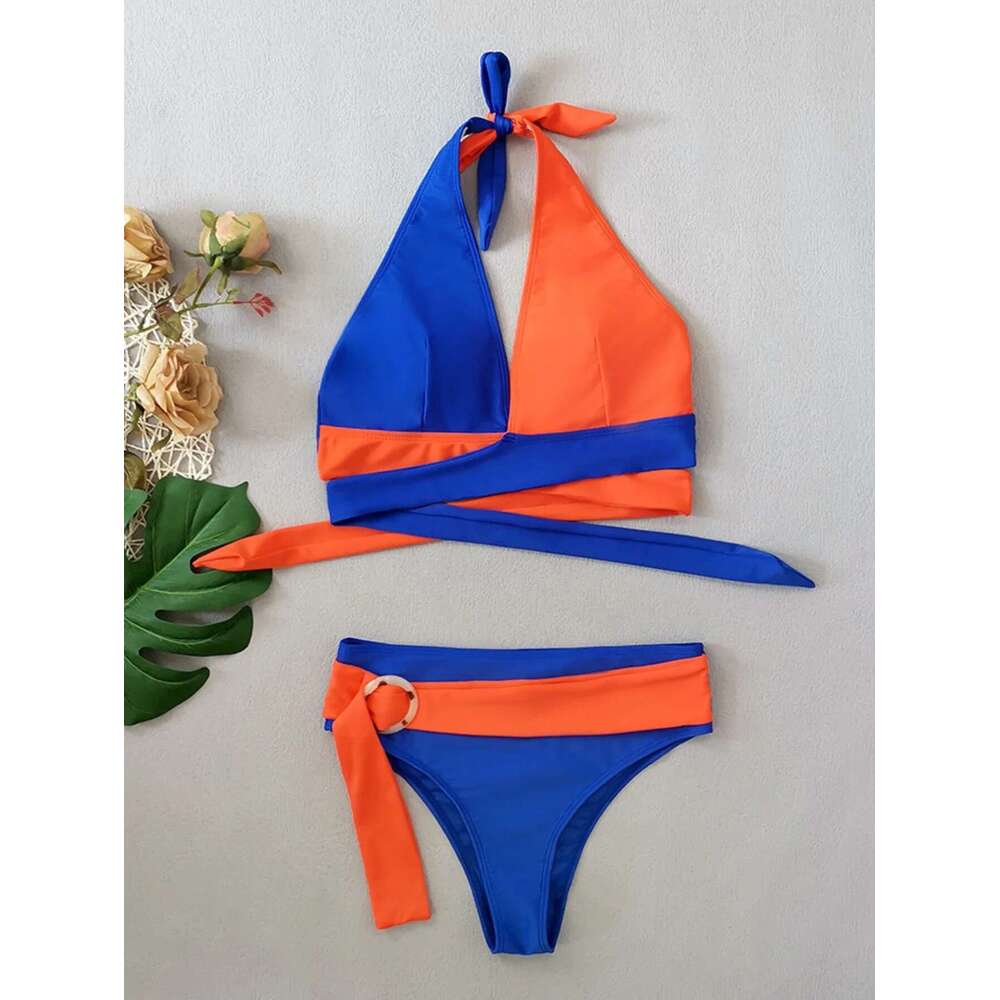 Solid Color Patchwork Bikini Set Adjustable Waist Belt 2 Piece Swimsuit for Women V-neck Halter Backless Beach Bathing Suit 2025