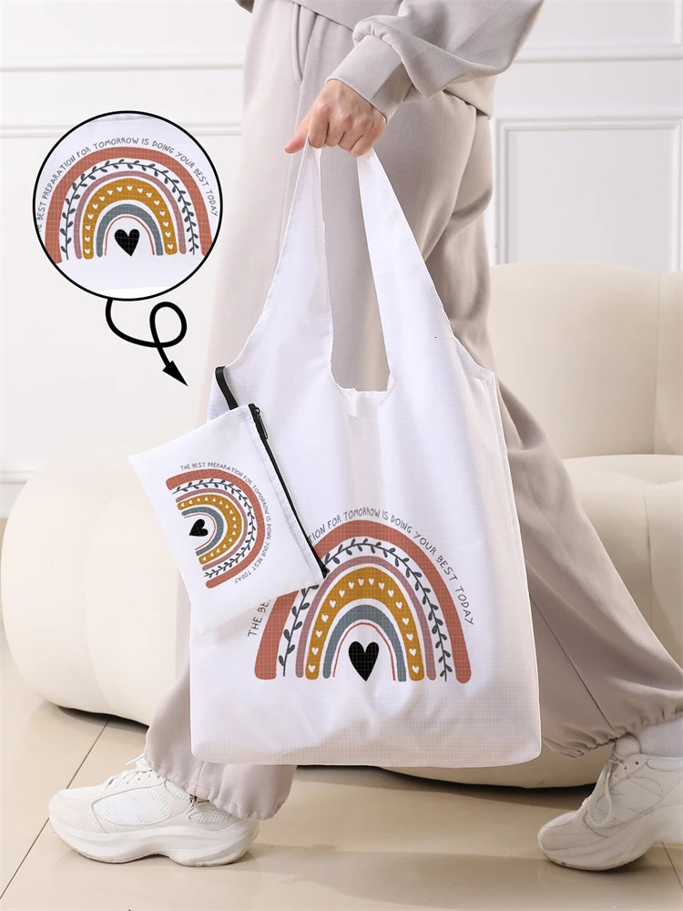 Womens Foldable Cartoon Rainbow Pattern Large Shopping Bag Storage Reusable Easy to Carry 250401