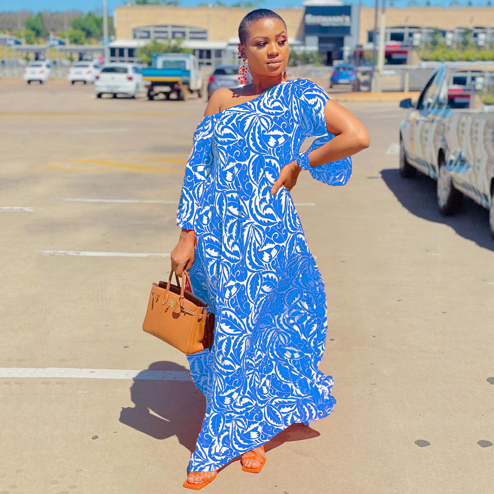 S9310 2025 Summer New Womens Printed Dress with Diagonal Shoulders and Medium Sleeves Loose and Sexy Long Dress