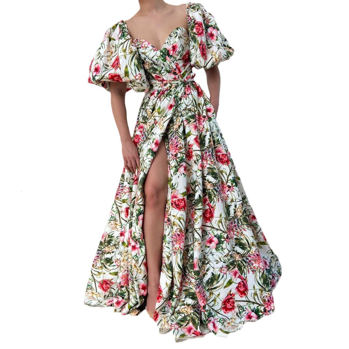 2025 Womens New V-neck Chiffon Printed High Waisted Slimming Dress with Large Swing Socialite Short Sleeved Dress