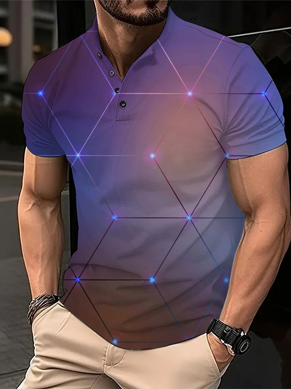 Mens digital printed casual buckle polyester short sleeved T-shirt polo shirt top