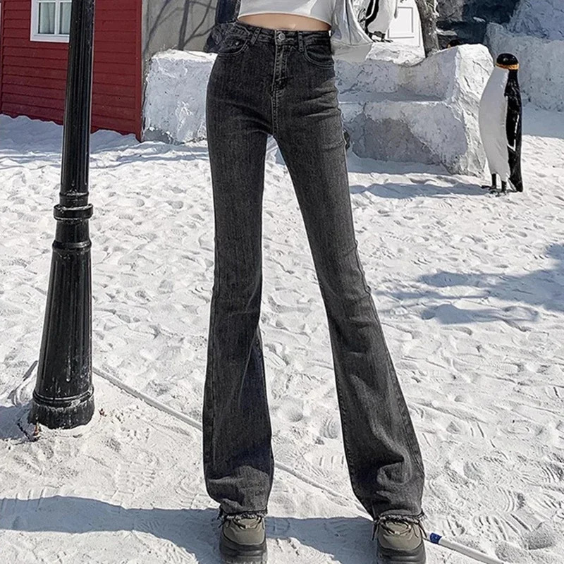 Woman High Waist Vintage Flare Jeans Female Gothic Elastic Bell Bottom Pants Lady Streetwear Blue Black Grey Denim Trousers Z260313