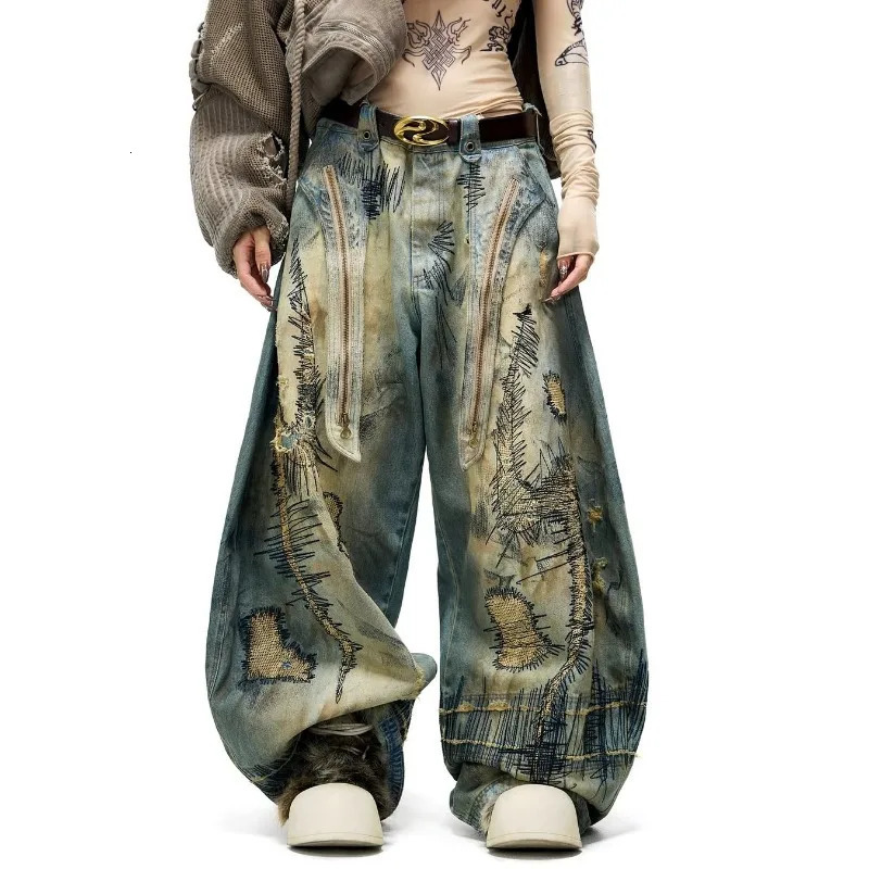 American Fashion Heavy duty Industrial Denim Pants Y2K Retro Blended Knitted Embroidered Loose Casual High Waist Wide Leg Jeans 250327