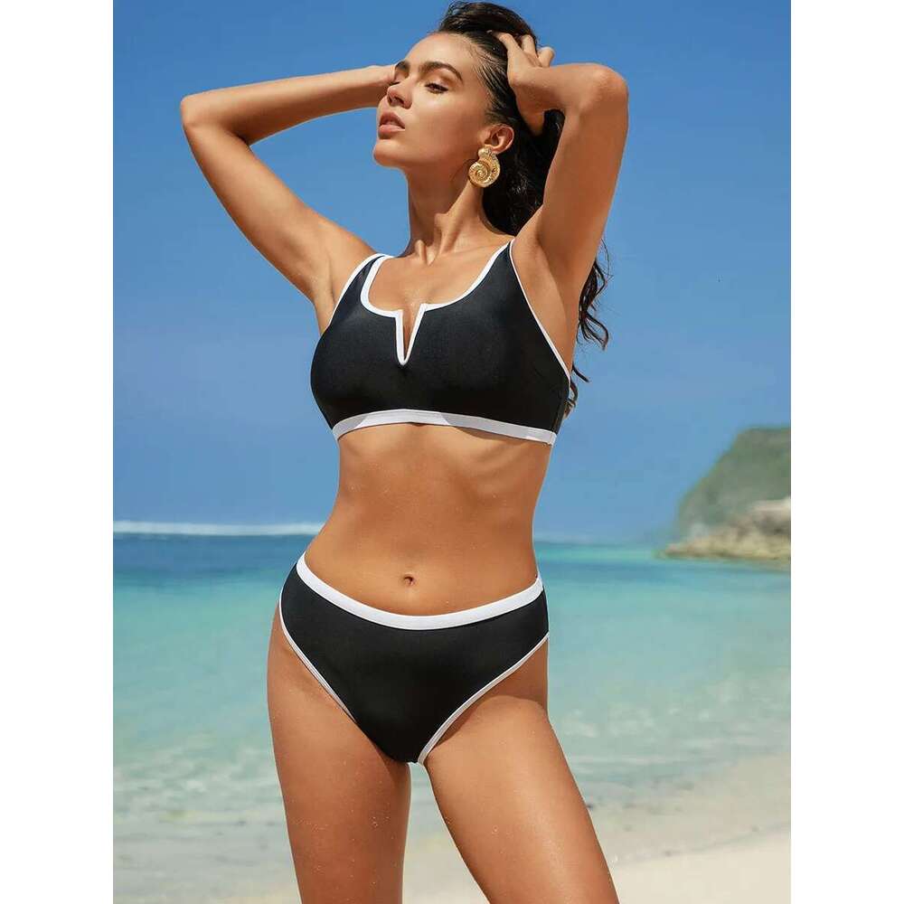 Sexy Black White Contrast Bikini Set Women V Neck Push Up High Waist Swimsuit 2025 Beach Bathing Suit Two Piece Swimwear Biquini
