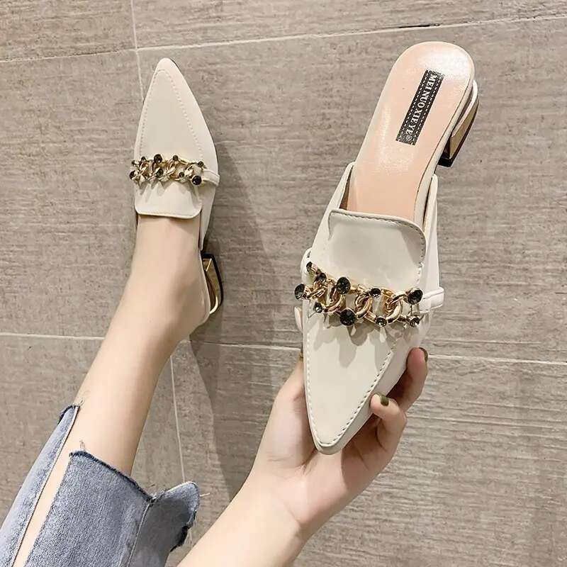 2025 New Slippers New Chain Mule Slippers Women's Stripe Designer Summer Fashion Shoes Square High Heels Women's Shoes