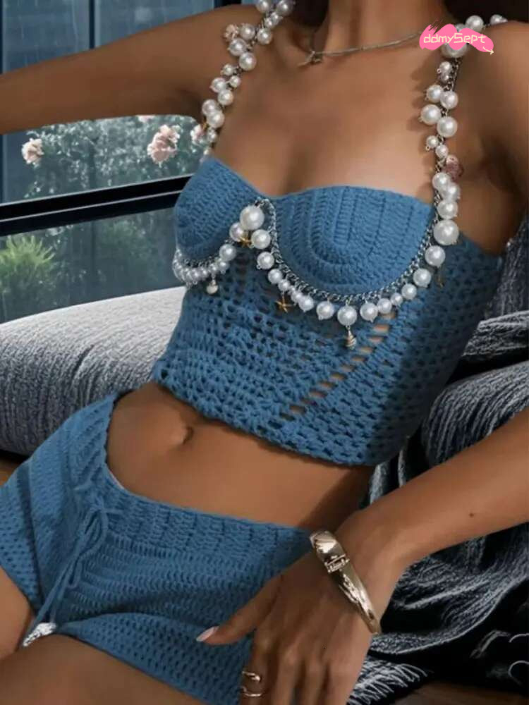 Twist Hollow Out Backless Crop Top and Skirt Fashion Knitted Bra Corset Vacation Beach Lady Sexy Two Piece Skirts Set ddmySept