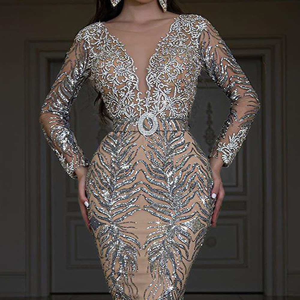 2025 New Womens Dress with Gold Plated Long Sleeves Slimming and Sexy Fishtail Floor Pulling Evening Dress