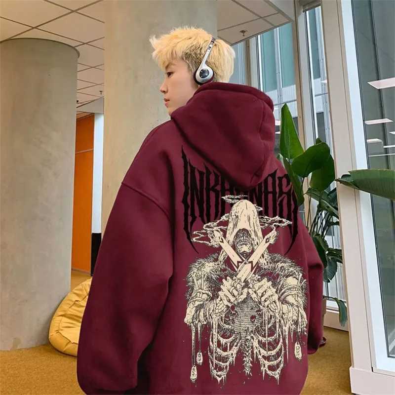 American Street Trend Skeleton Soldier Element Printed Casual Loose Hoodie Large Mens Versatile Sweatshirt W251106