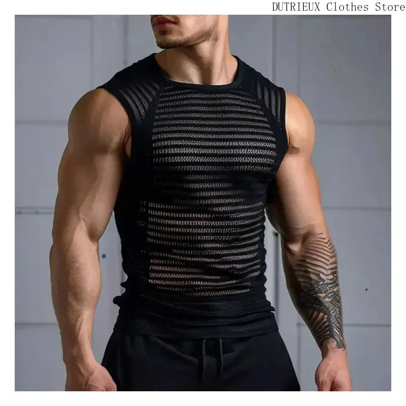 Mens leather patchwork mesh shirt motorcycle leather vest top sexy transparent hooded vest muscle vest mens fitness vest 250403