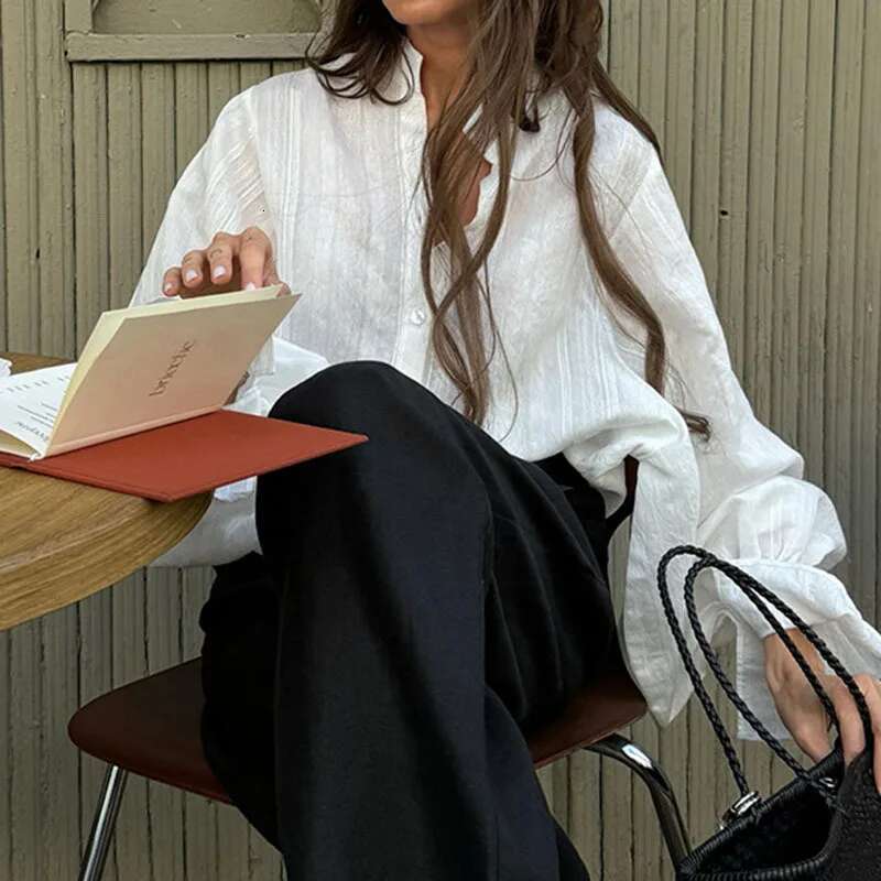 Women's Fashion Lapel Single Breasted Big Size Blouse Spring New Arrival Lantern Sleeve Loose Shirts Female 33A2702