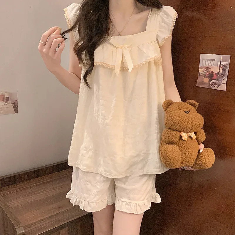 Pajamas Women Summer with Corset Woven Cotton French Suspenders Shorts Summer Comfortable Sweet Princess Style Loungewear 250402