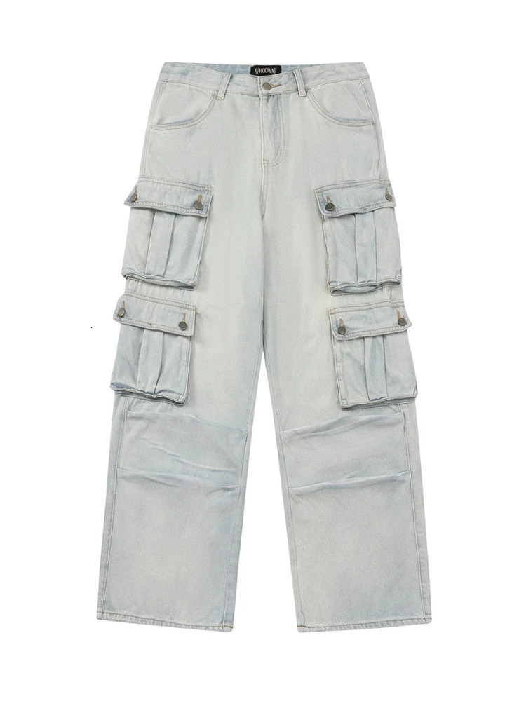 Mens Multi Pocket Cargo Jeans Pocket Straight Classic Light Blue Denim Pants Street Clothing Hip Hop Street Mens Trousers 250402