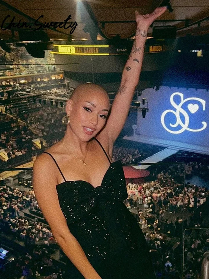 Sweet sequin bow womens suspender top sexy sleeveless free zipper womens vest top spring womens street clothing 250403