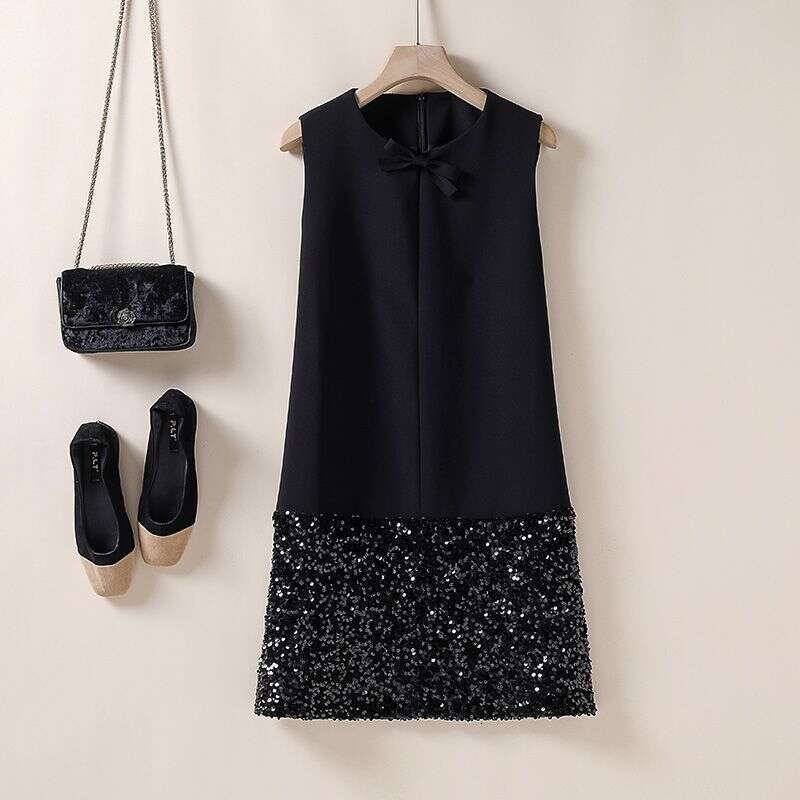 European and American Spring New Women's Clothing Heavy Sequin Bowknot Tank Petite Slimming Dress
