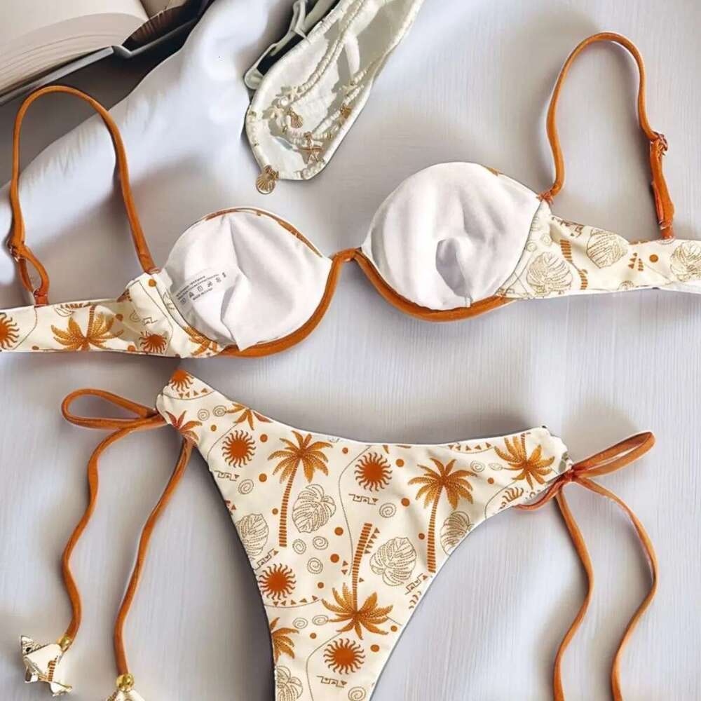 Sexy Yellow Coconut Tree Print Bikini Set Women Halter Push Up Underwire Thong Swimsuit 2025 Beach Bathing Suit Micro Swimwear