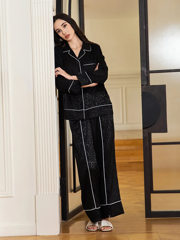 Womens Elegant Leopard Print Pajama Sets Ladies Simply Black Long Sleeve Pajamas Spring Sleepwear Women Loungewear Set 250402