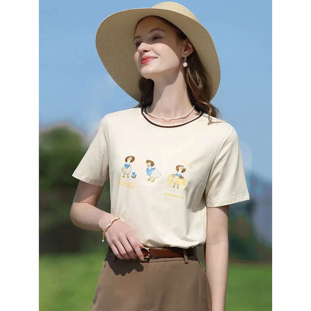 Apricot Printed Short Sleeve T-Shirt For Women Summer 2025 Contrasting Round Neck Tees Cool Cotton Tops