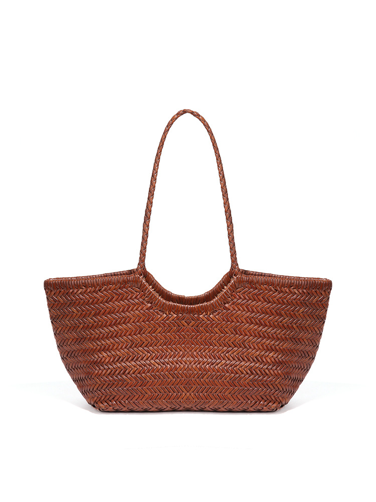 2025 Spring and summer women's handbag cowhide one-shoulder underarm tote bag genuine leather niche woven bag large-capacity vegetable basket mot