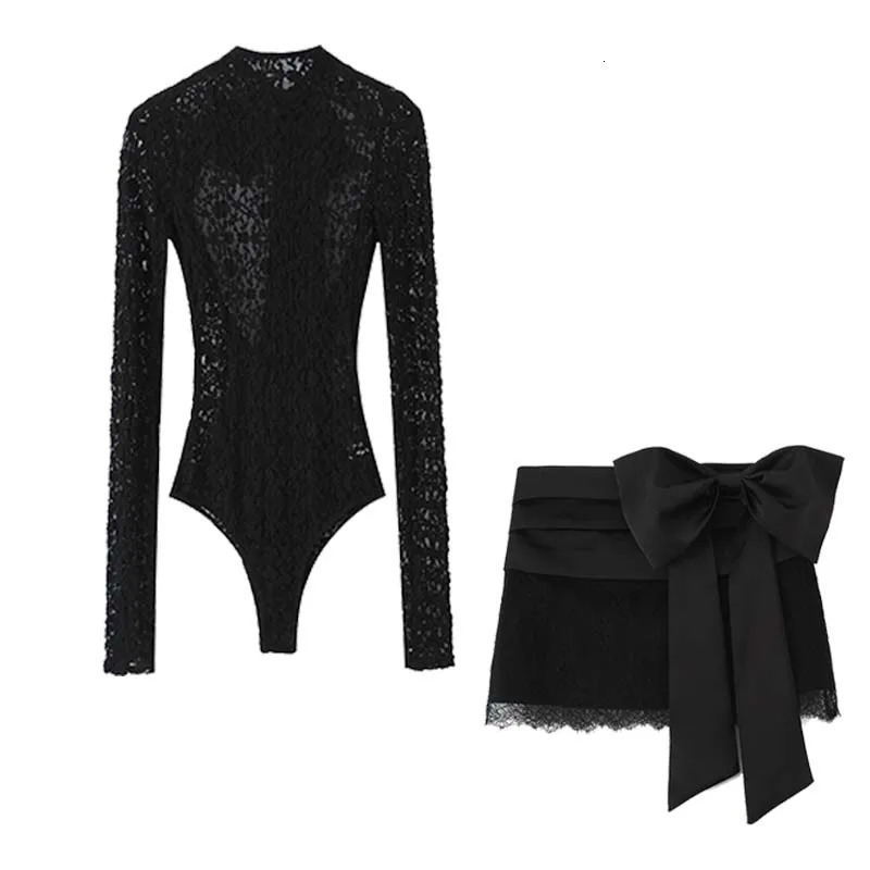 Chic Fashion Bow Splicing Lace Mini Skirts Two Piece Sets For Women Bodysuits Top Womens Suits Elegant Woman Outfits 251106
