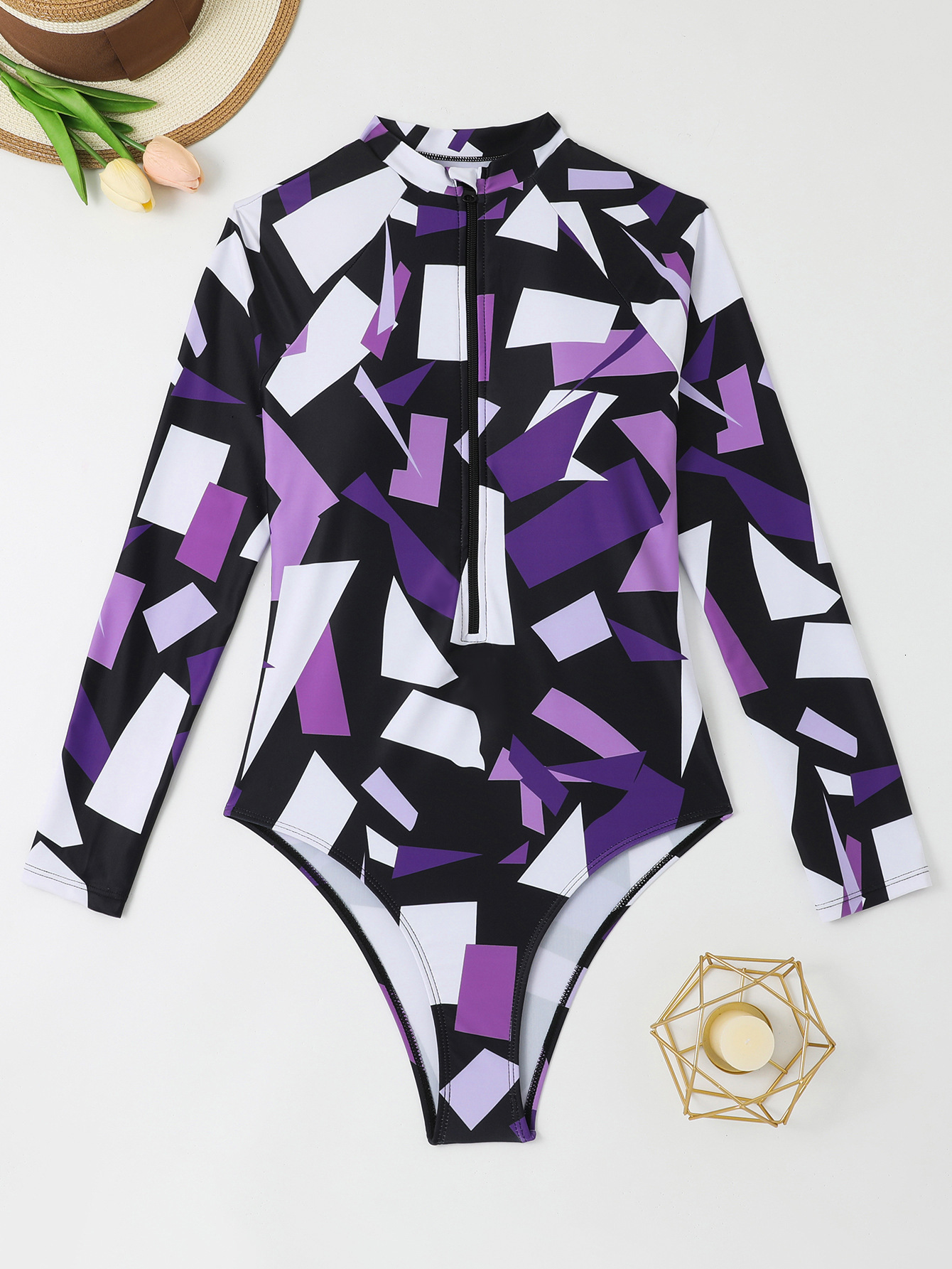 Training competitive one-piece tight fitting triangle long sleeved multi-color zipper printed surfing swimsuit for women