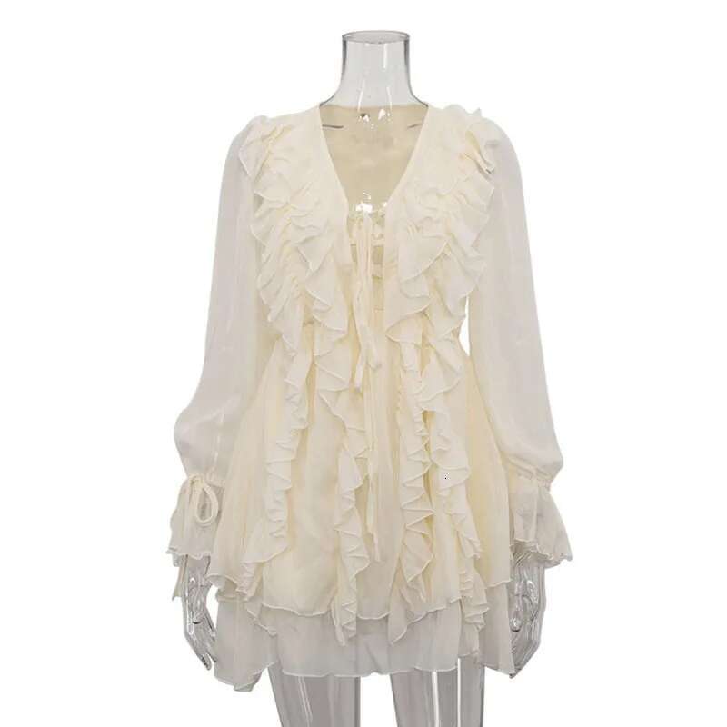 Women's Fashion Long Sleeves Ruffled Lace-Up Female V-Neck White Dresses Spring New Items 33A3756