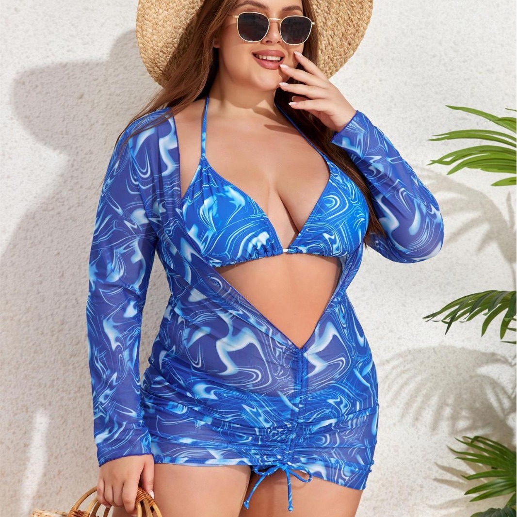 Large size multi-color printed long sleeved mesh hood shirt sexy bikini fat woman three piece vacation women's swimsuit