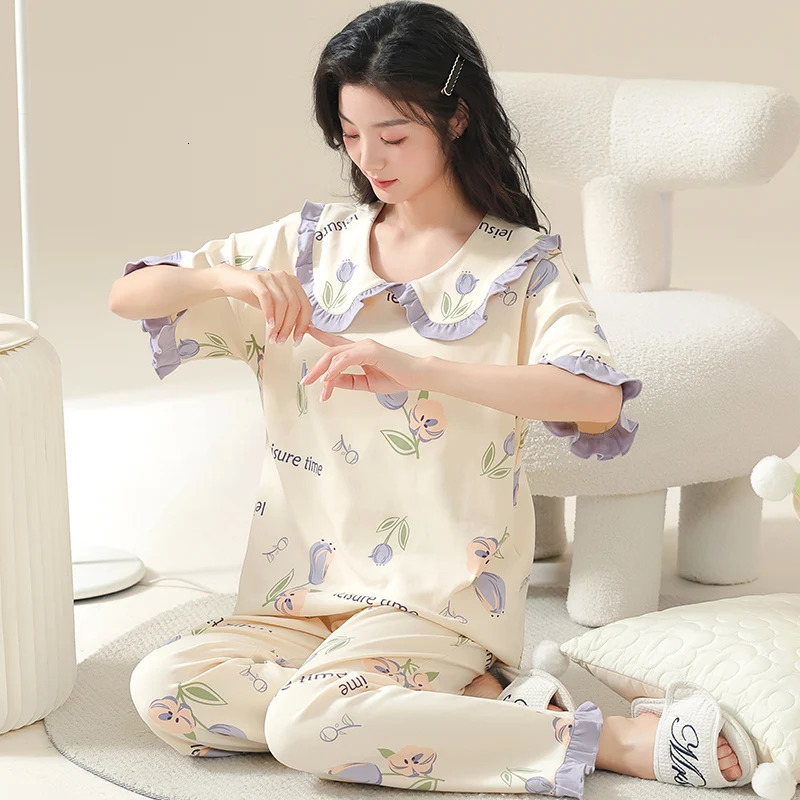 Purple Flower Pajamas Sets Sweet Pijama Cute Sleepwear Short Sleeves Long Pants Kawaii Pjs Casual Summer Spring Autumn Soft Cozy 250402