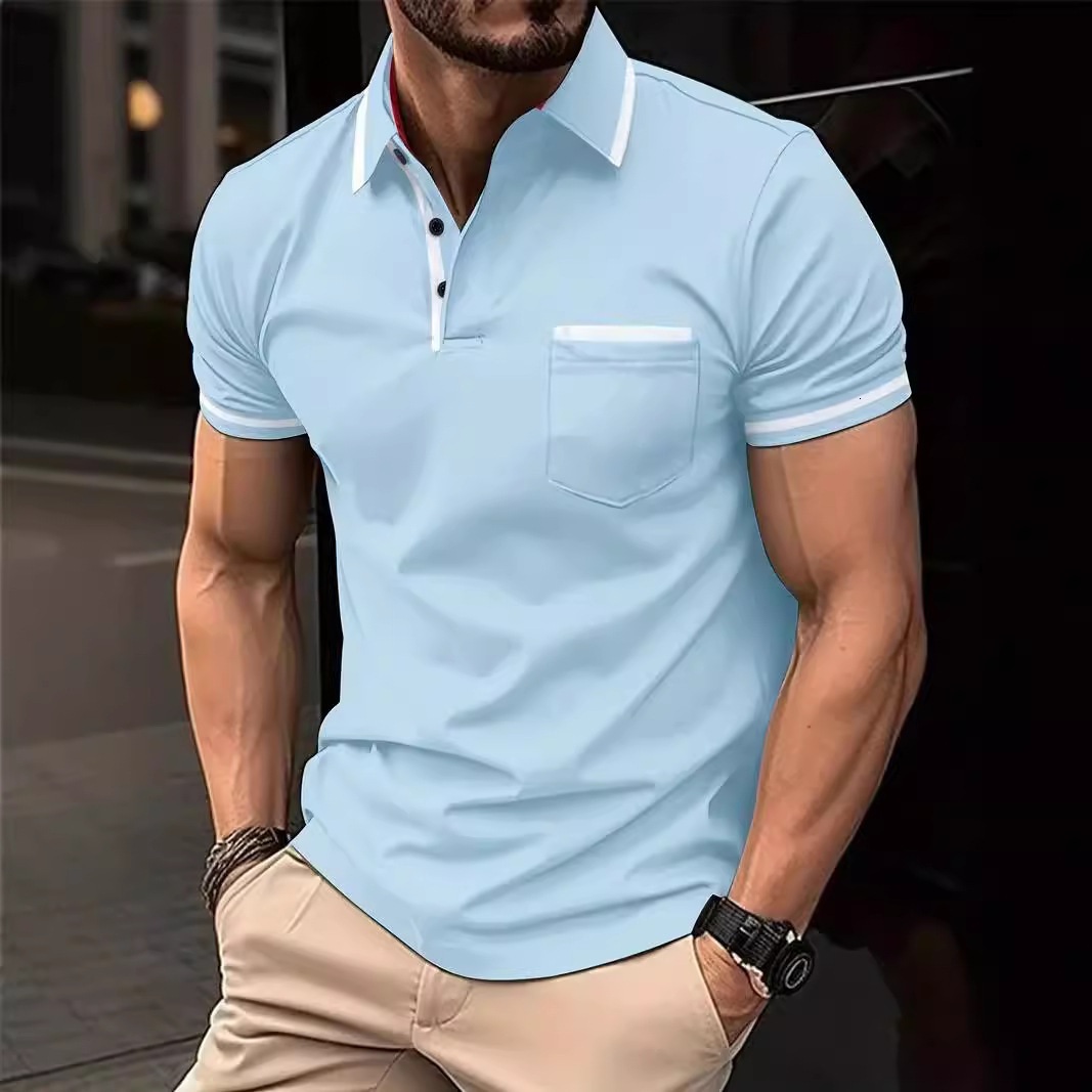 Spring mens printed casual fashion polyester short sleeved striped zipper polo shirt mens T-shirt