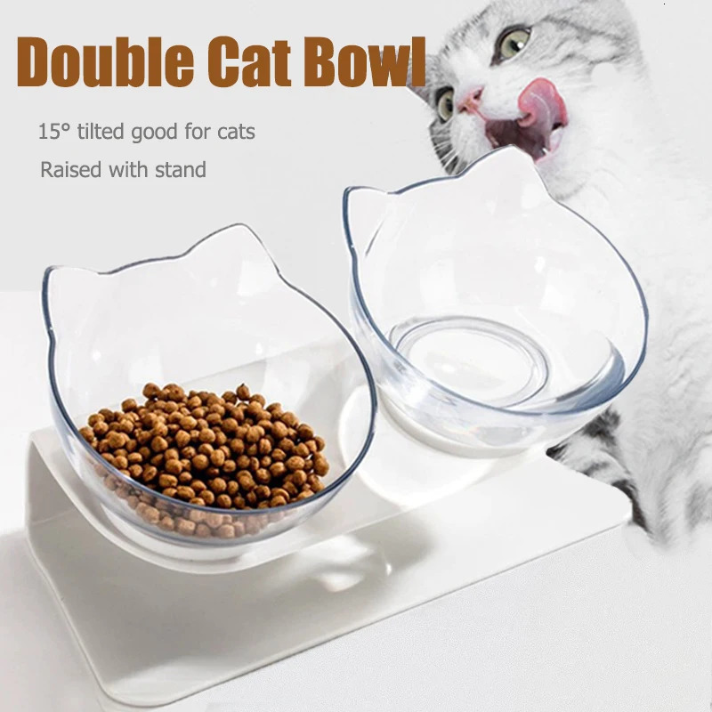 Anti slip double lift cat bowl with stand 15 tilted cat drinking and feeding bowls neck protection pet feeding bowl 250403