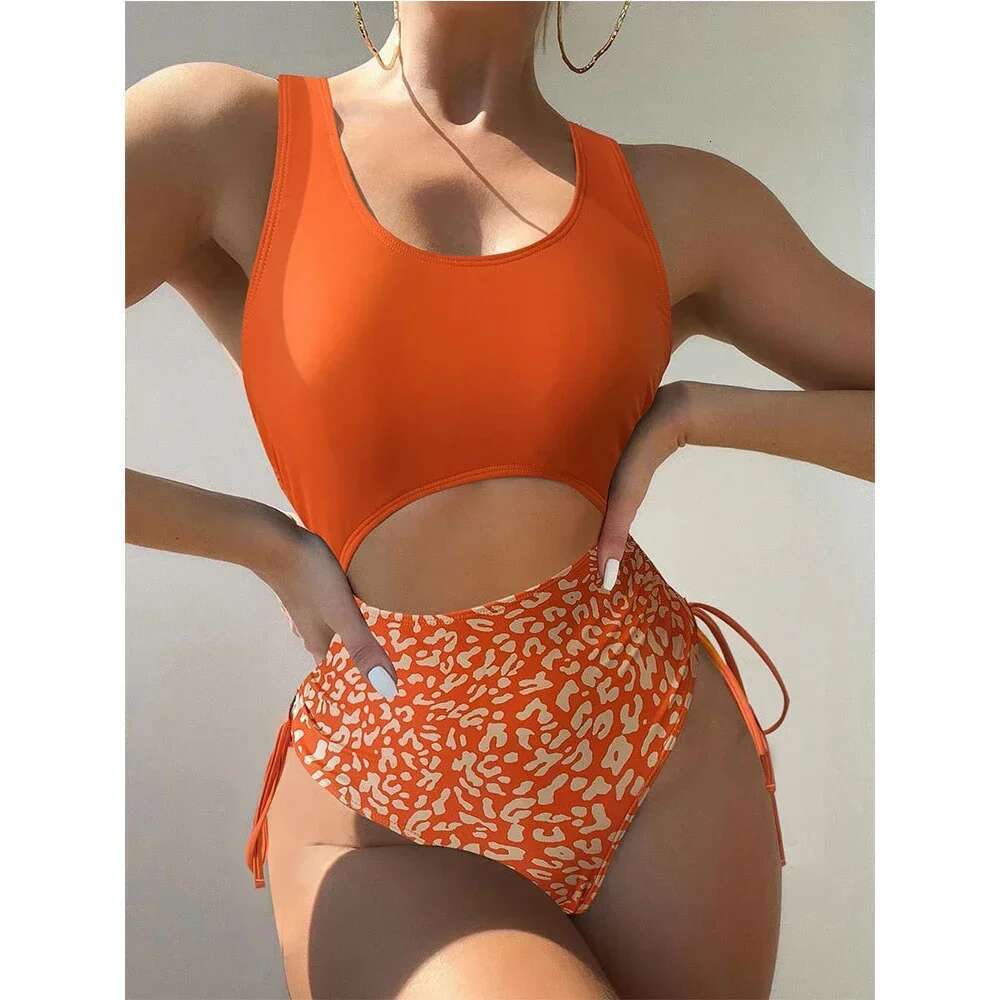 2024 Leopard Print Bikini High Waist One Piece Swimsuit for Women Sexy Hollow Out Swimwear Summer Beach Vacation Monokini New