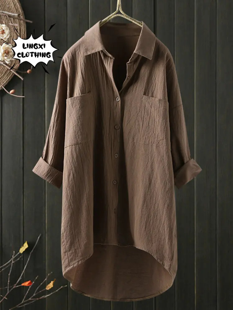 Elegant and Youth Woman Blouses Casual Home Cotton Linen Large Size Single Breasted Commuting Style Long Sleeved Shirt 250402
