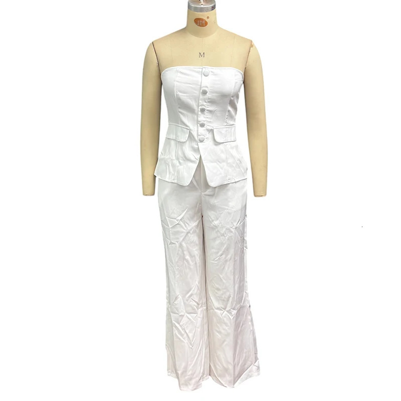 Wefads twopiece womens office desk set simple and elegant solid sleeveless strapless single chest button top straight pants 250403