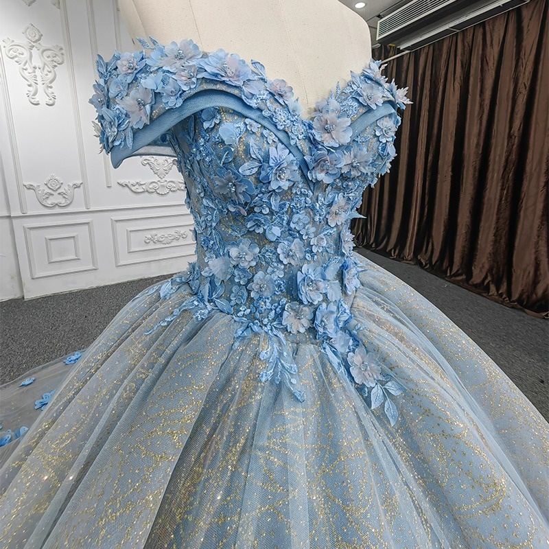 Blue Shiny Princess Quinceanera Dresses Off Shoulder Beads Applique Flower Tull Sweet 16 Dress Ball Gown Vestidos 15 De Anos