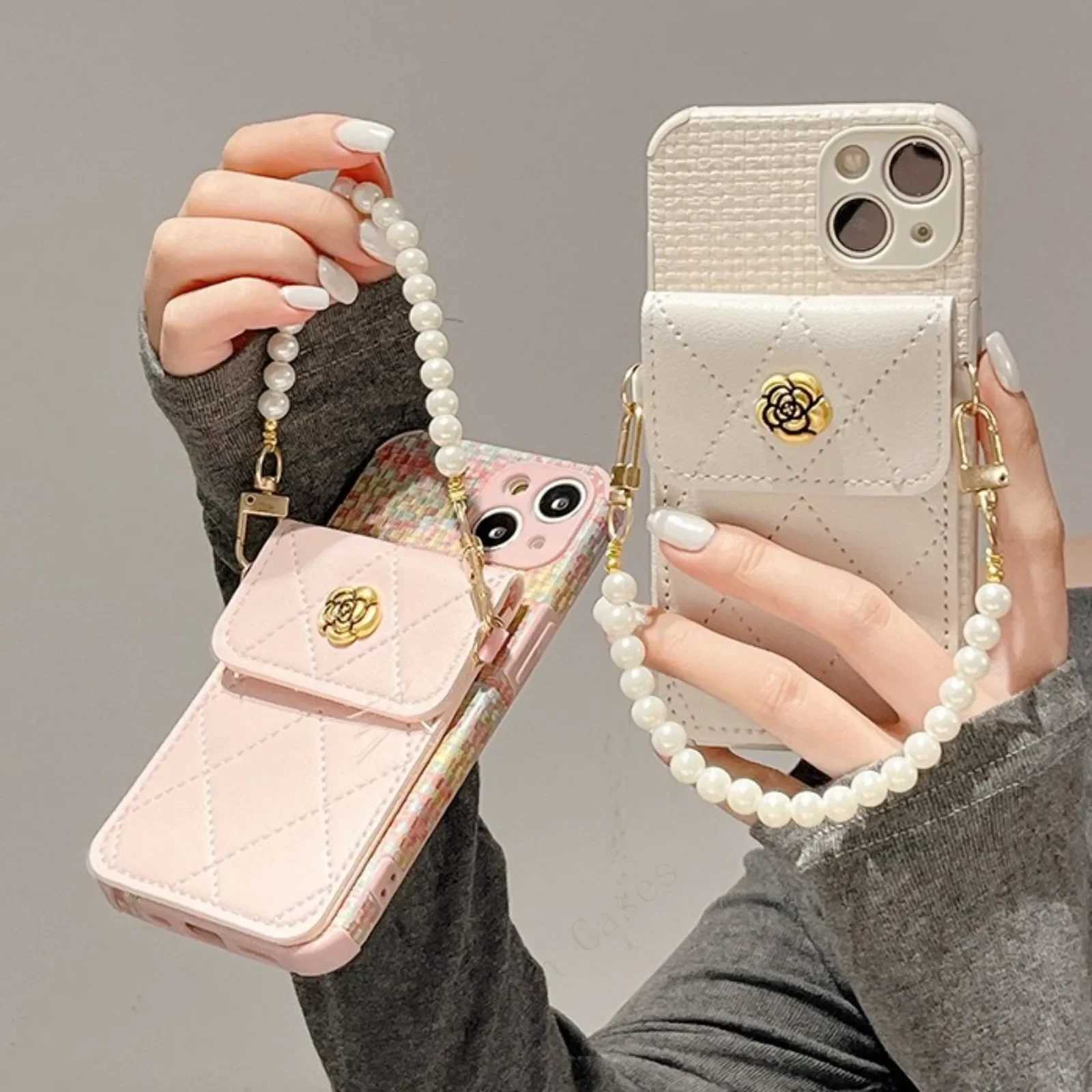 Fashion Camellia Flower Card Wallet Holder Pearl Chain Strap Weave Leather Case Cover For iPhone 15 14 13 12 11 Pro Max XS XR J251202
