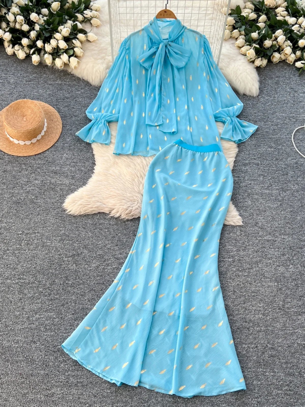 Neploe Light Ripe Wind Europe Loose Bow Set Shirt Lace Printed High Waist Ultra Thin Mermaid Leather French Style Set Faldas 250402