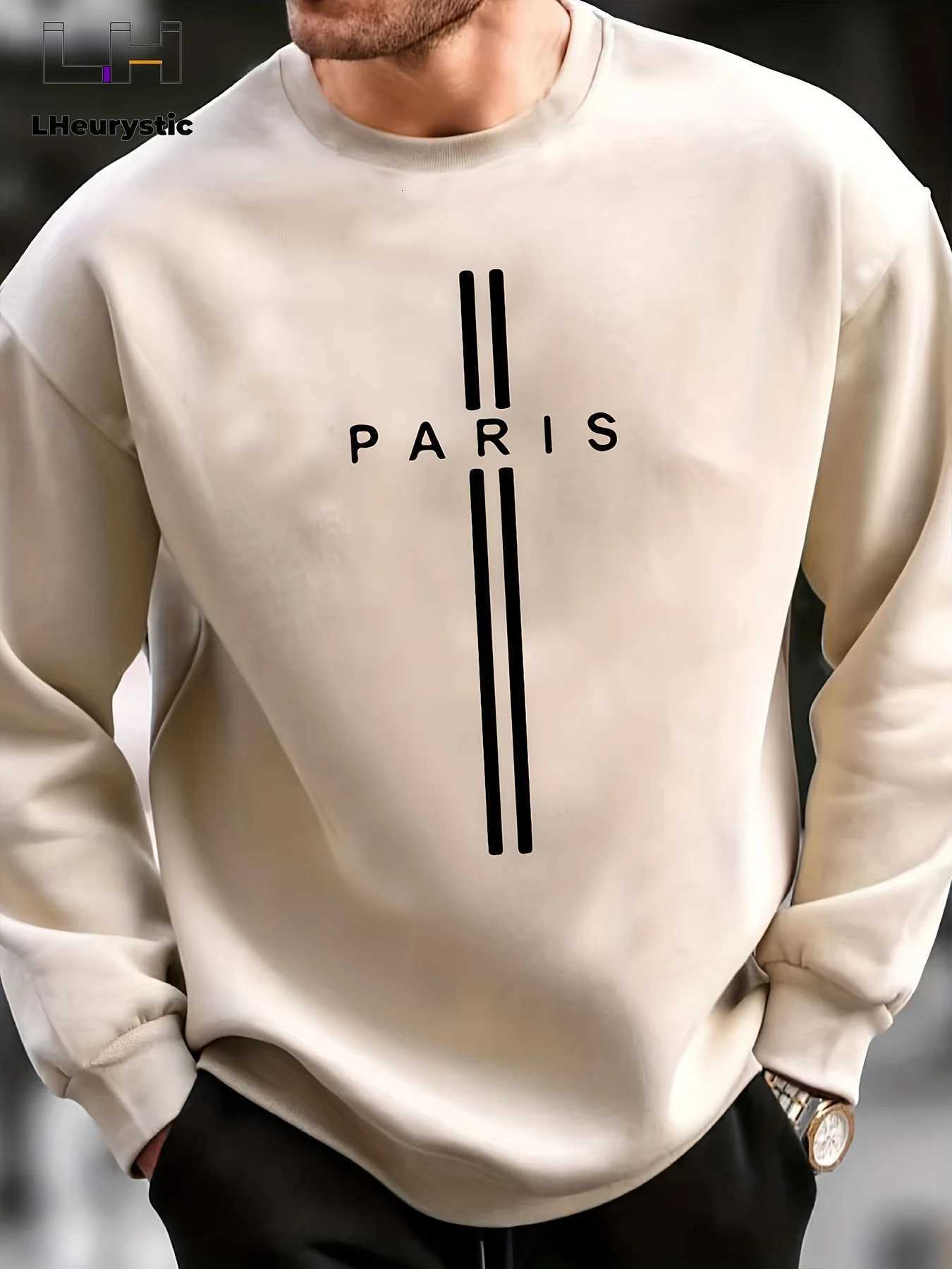 Mens autumn and winter casual sports loose oversized Paris print with fleece warm pullover round neck long sleeved sweatshirt W251106