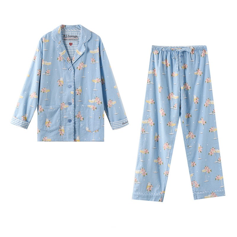 Custom New Pure Cotton 2 Piece Set Pajamas Women Print Cartoon Nightwear Long Sleeve Trousers Set Autumn Loungewear Home Clothes pjs suit