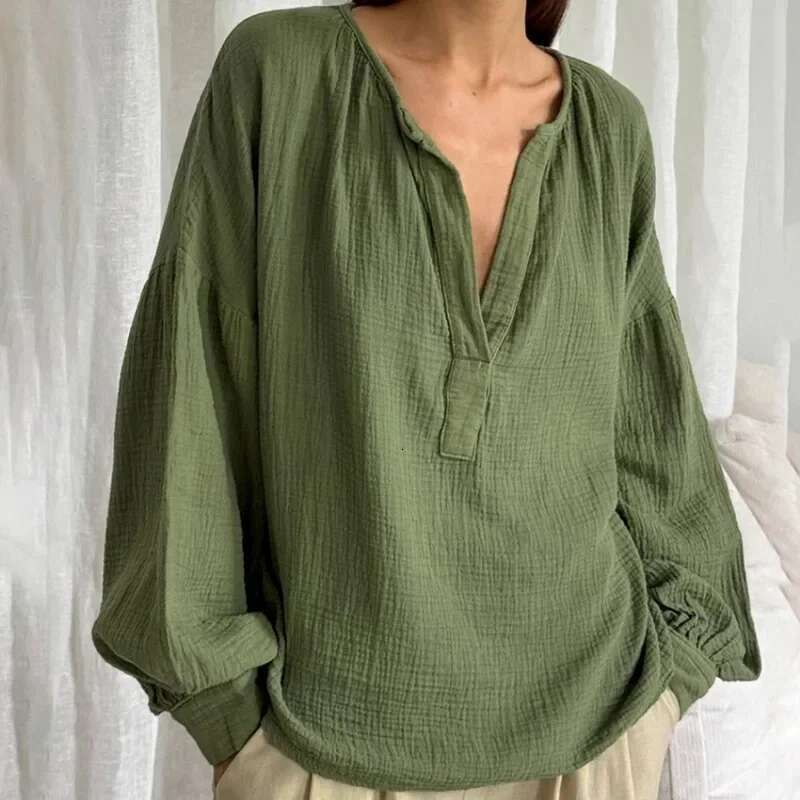 French Women Shirts 100% Cotton Mus Gauze Long Lantern Sleeve V-neck Blouse Casual Loose White Color Elegant Vintage Tops
