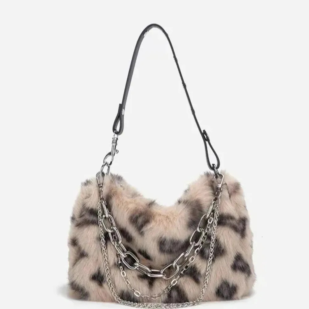 Trendy Leopard Print Shoulder Bags for Women Furry Purse Advanced with Chain Womens Tote Handbags 251106