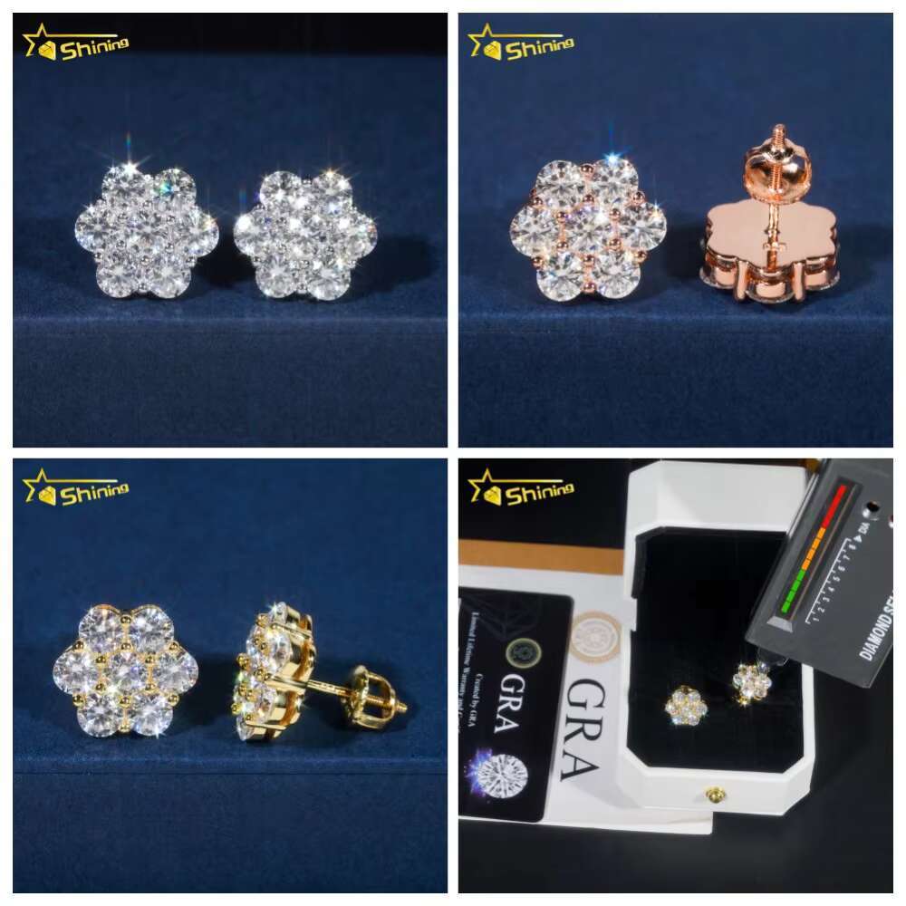 Hot Sale Trendy Cluster Flower Screw Back Earrings Sier Gold Plated Moissanite Pass Dia Test Stud Earring