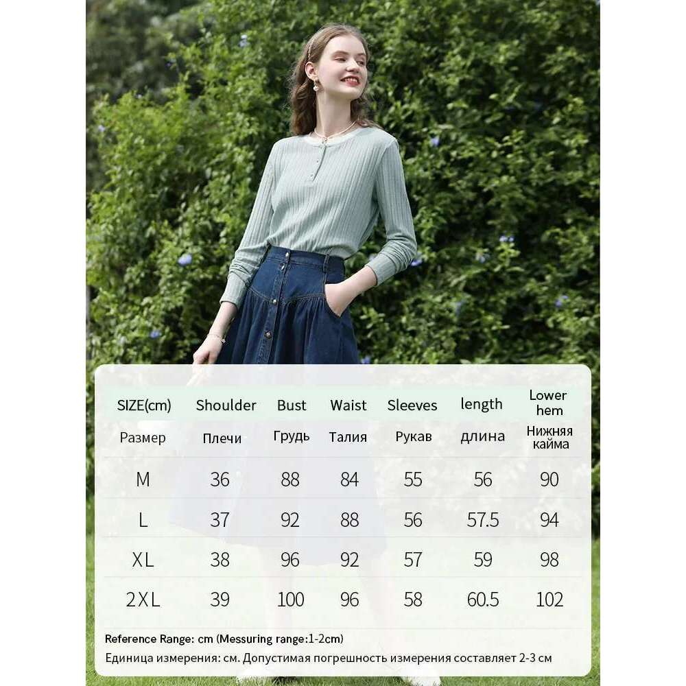 Fake Two-Piece Knitted Top Jacquard Long-Sleeved Tees Women Winter Pearl Button Ribbed Collar T-Shirts