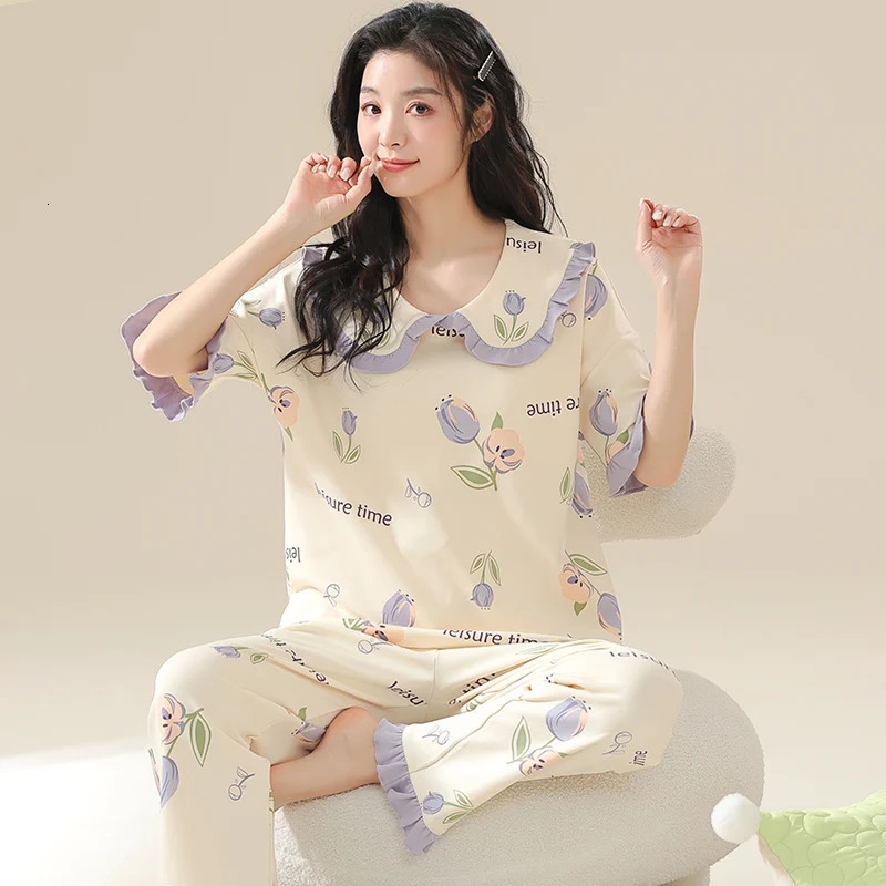 Purple Flower Pajamas Sets Sweet Pijama Cute Sleepwear Short Sleeves Long Pants Kawaii Pjs Casual Summer Spring Autumn Soft Cozy 250402