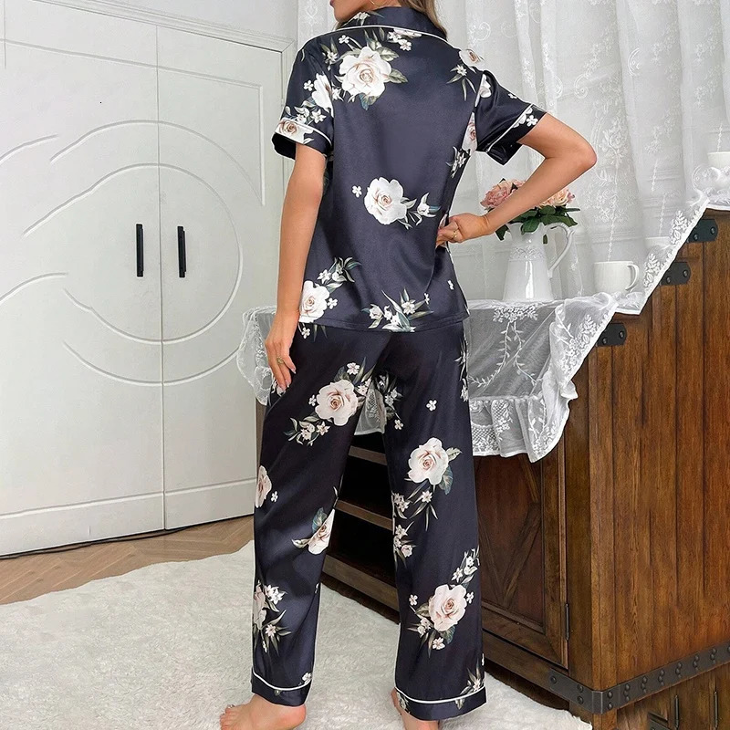 Satin womens sleepwear printed sleepwear autumn home clothing soft and comfortable short sleeved tops and pants womens sleepwear 250402