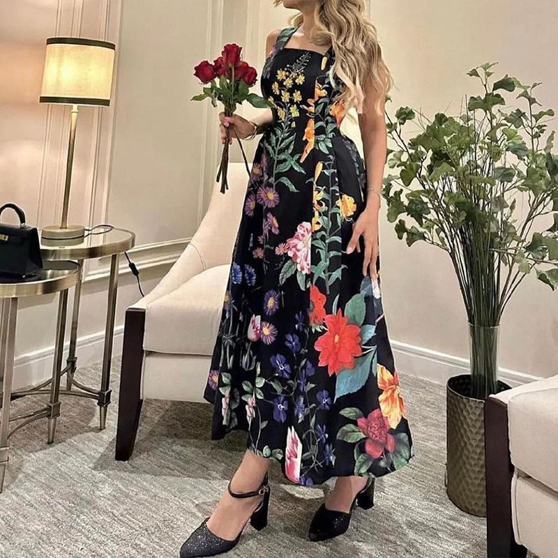 2025 Spring New Design Plant Flower Waist Slimming Style Fashionable Printed Dress