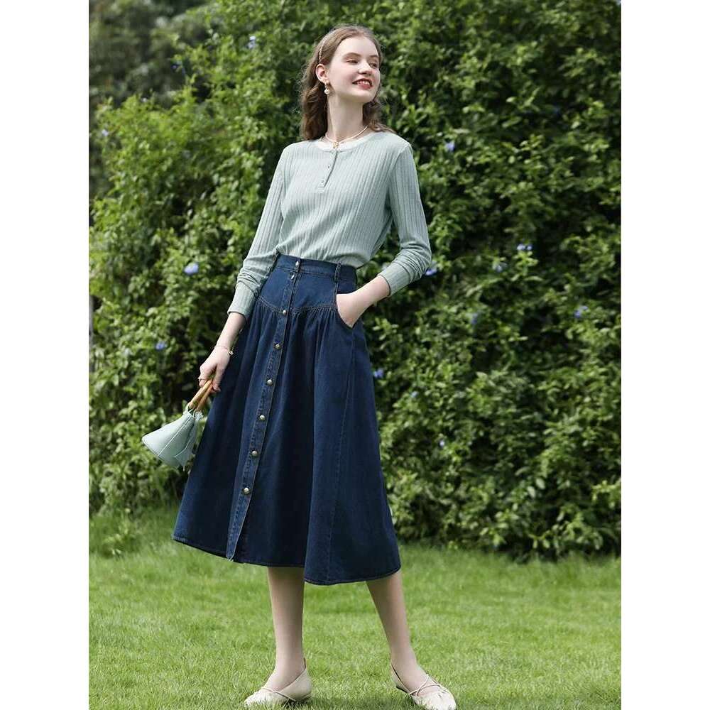 Fake Two-Piece Knitted Top Jacquard Long-Sleeved Tees Women Winter Pearl Button Ribbed Collar T-Shirts