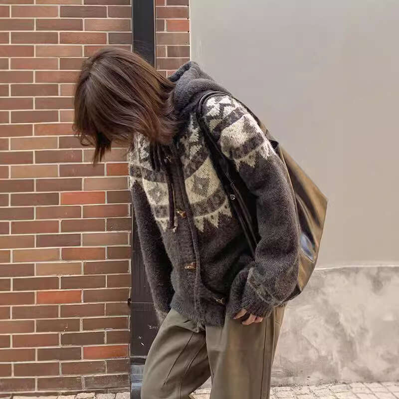 Artistic Retro Hooded Jacquard Coat with Unique Design, Niche Lazy Style Horn Button Knitted Cardigan Sweater