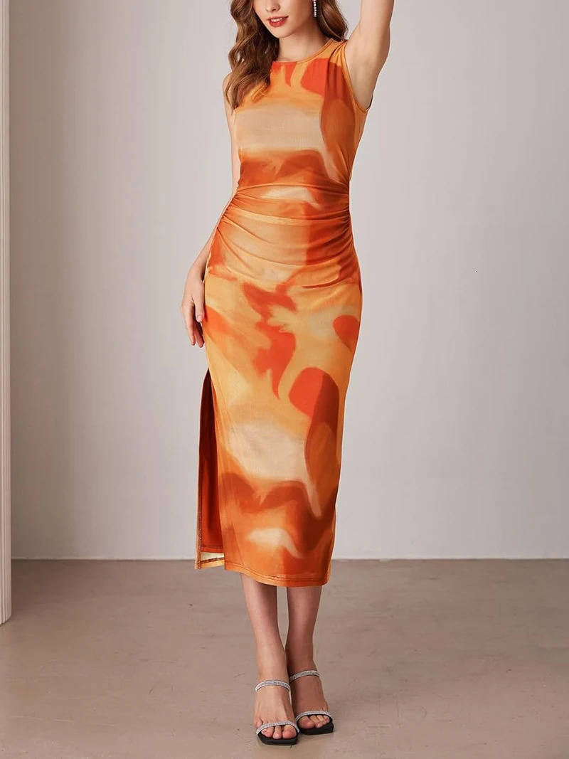 Spring/summer slim fit sleeveless gradient dress sexy spicy girl print bag Hip Slit Skirt 250401