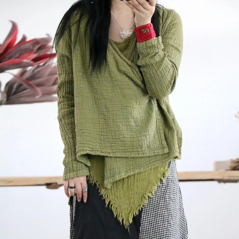 Johnature Retro V-neck Linen Lace Up Shirts Autumn Loose Leisure Fashion Women Tops 3 colors Cardigan Shirts 250402