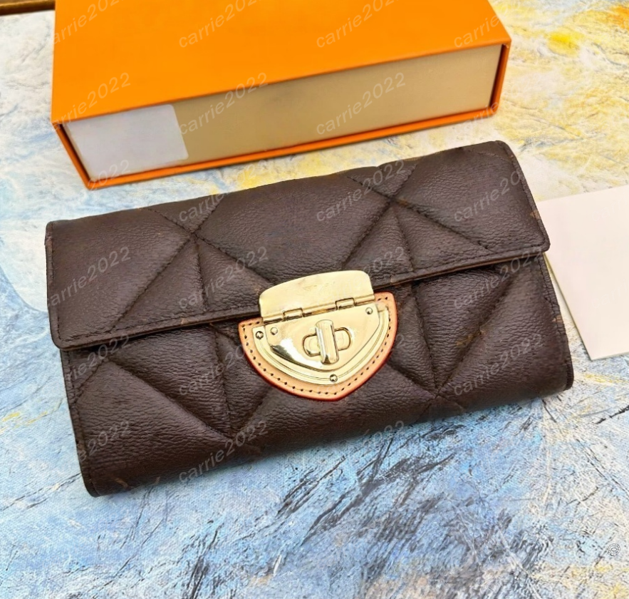 7A 63799 Ladies Fashion Casual short wallet Designer Leather Compact S-lock Short Coin Purse Credit Card Holders Key Pouch Wallet 66556 Brown flower color long wallet